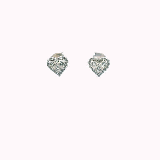 14K White Gold Diamond CLuster Heart Stud Earrings