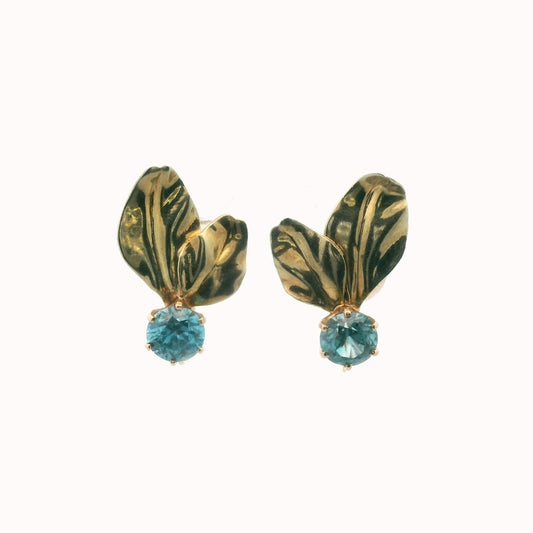 Vintage 14K Yellow Gold Blue Zircon Leaf Design Screwback Earrings