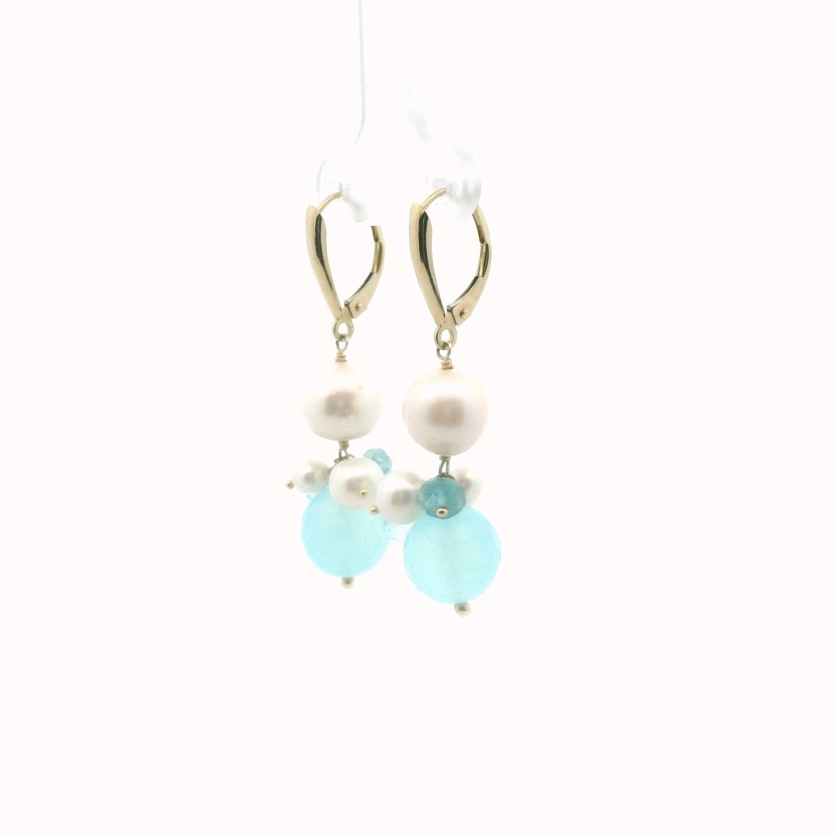 14K Yellow Gold Freshwater Pearl Blue Chalcedony & Blue Topaz Earrings