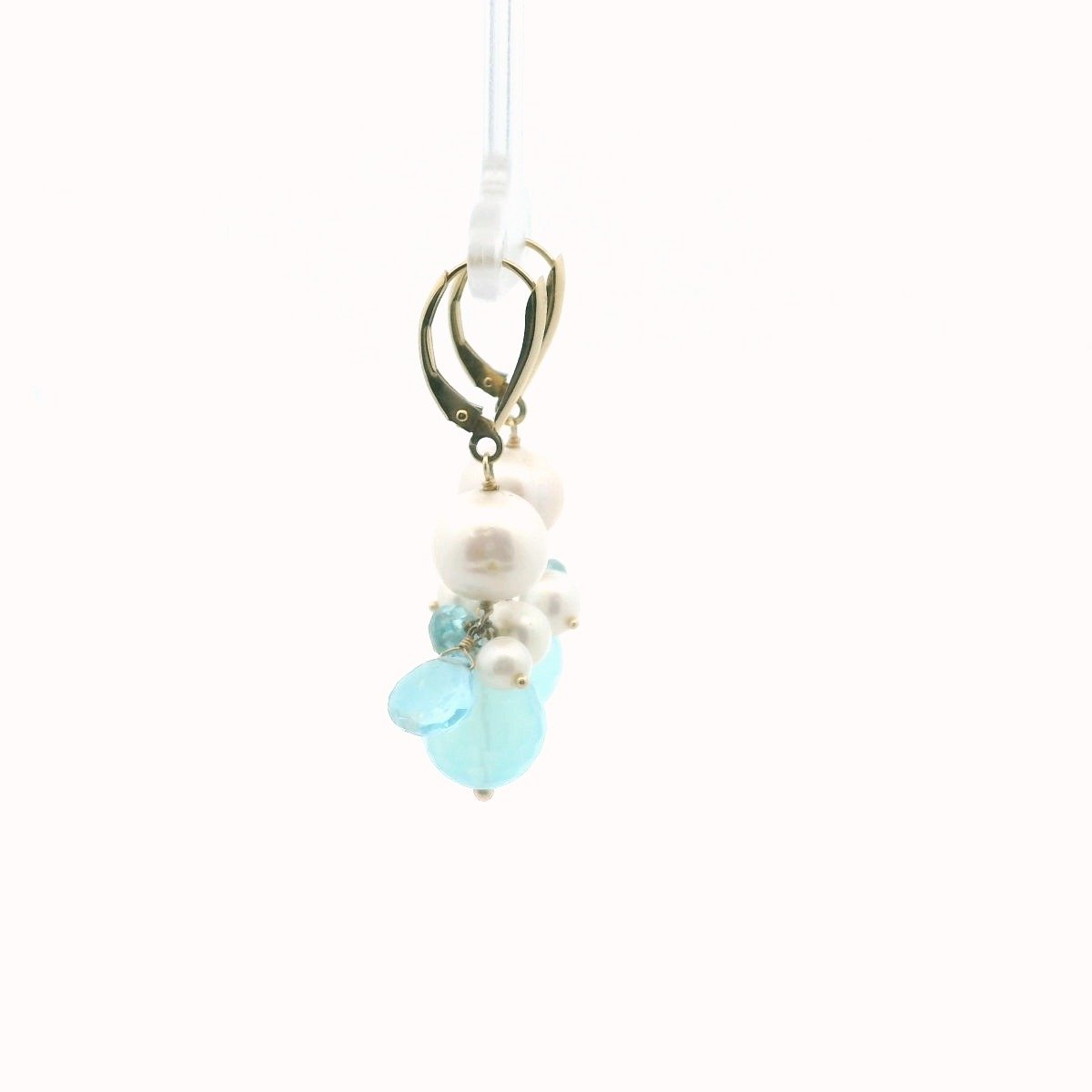 14K Yellow Gold Freshwater Pearl Blue Chalcedony & Blue Topaz Earrings