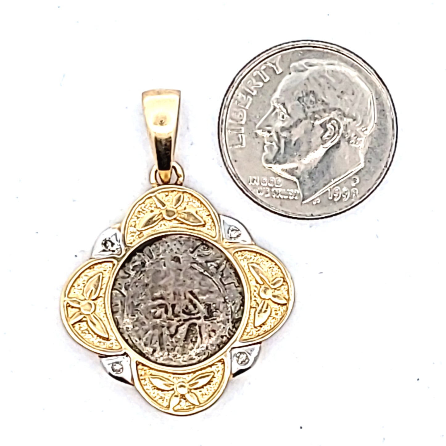 18K Two Tone Gold Frame 1560 Denar Ferdinand I Hungary Pendant
