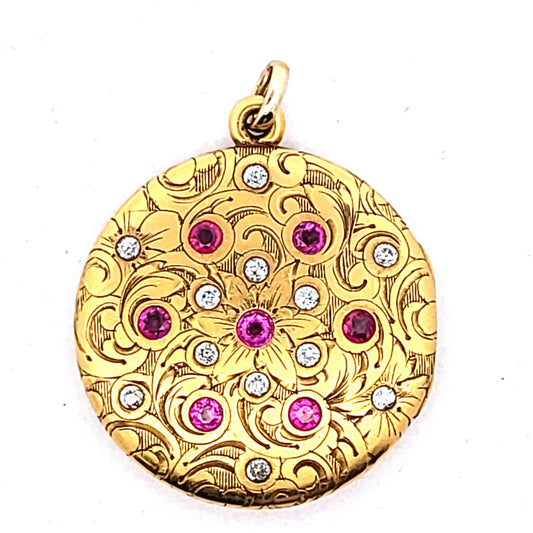 Art Noveau 14K Yellow Gold Diamond & Ruby Scrollwork Locket Pendant