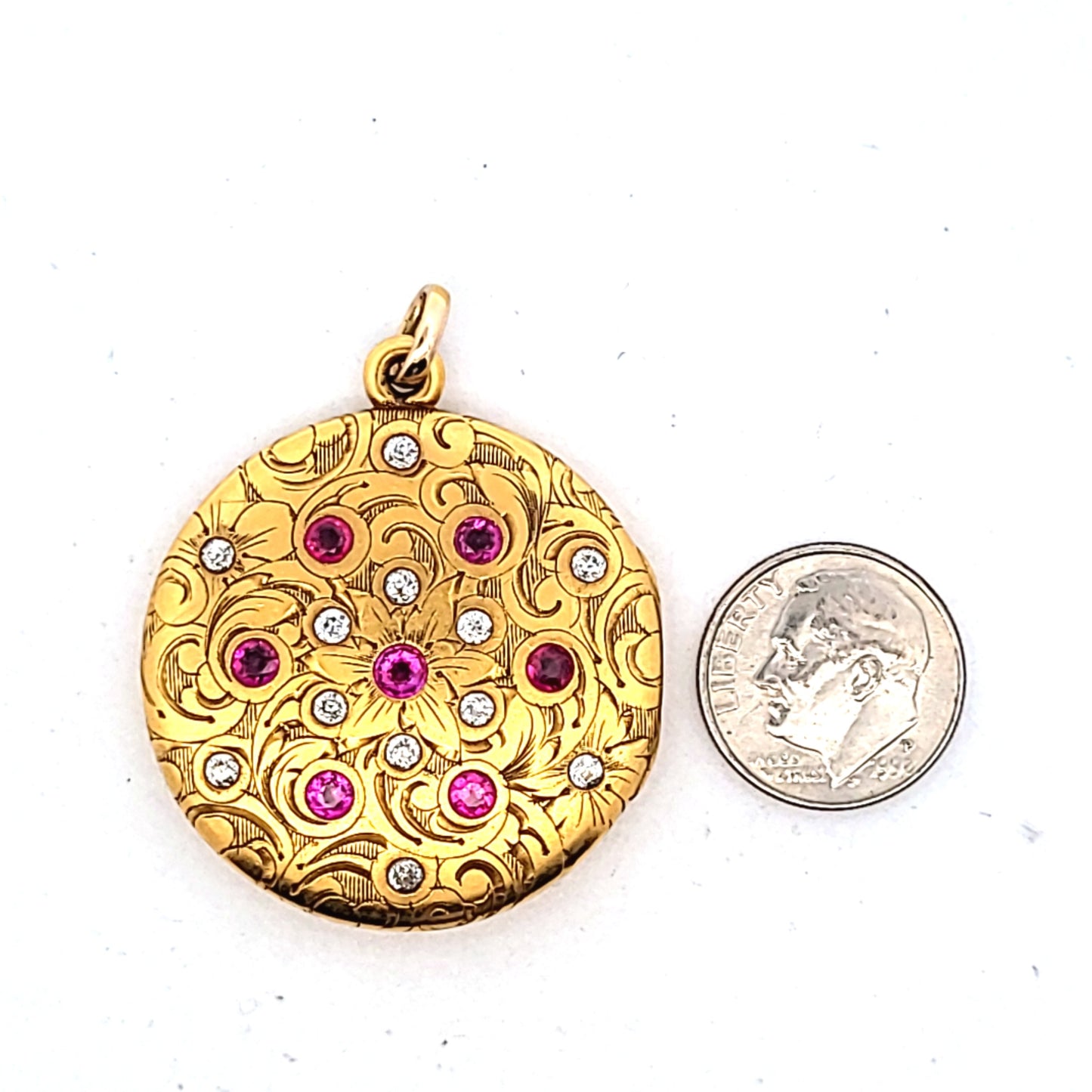 Art Noveau 14K Yellow Gold Diamond & Ruby Scrollwork Locket Pendant