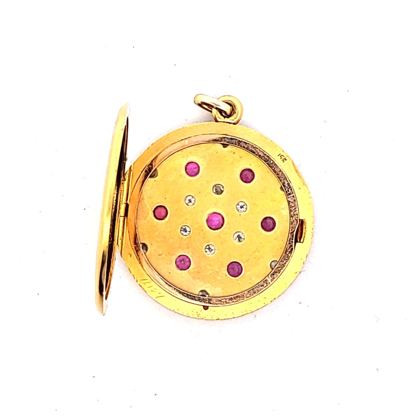 Art Noveau 14K Yellow Gold Diamond & Ruby Scrollwork Locket Pendant