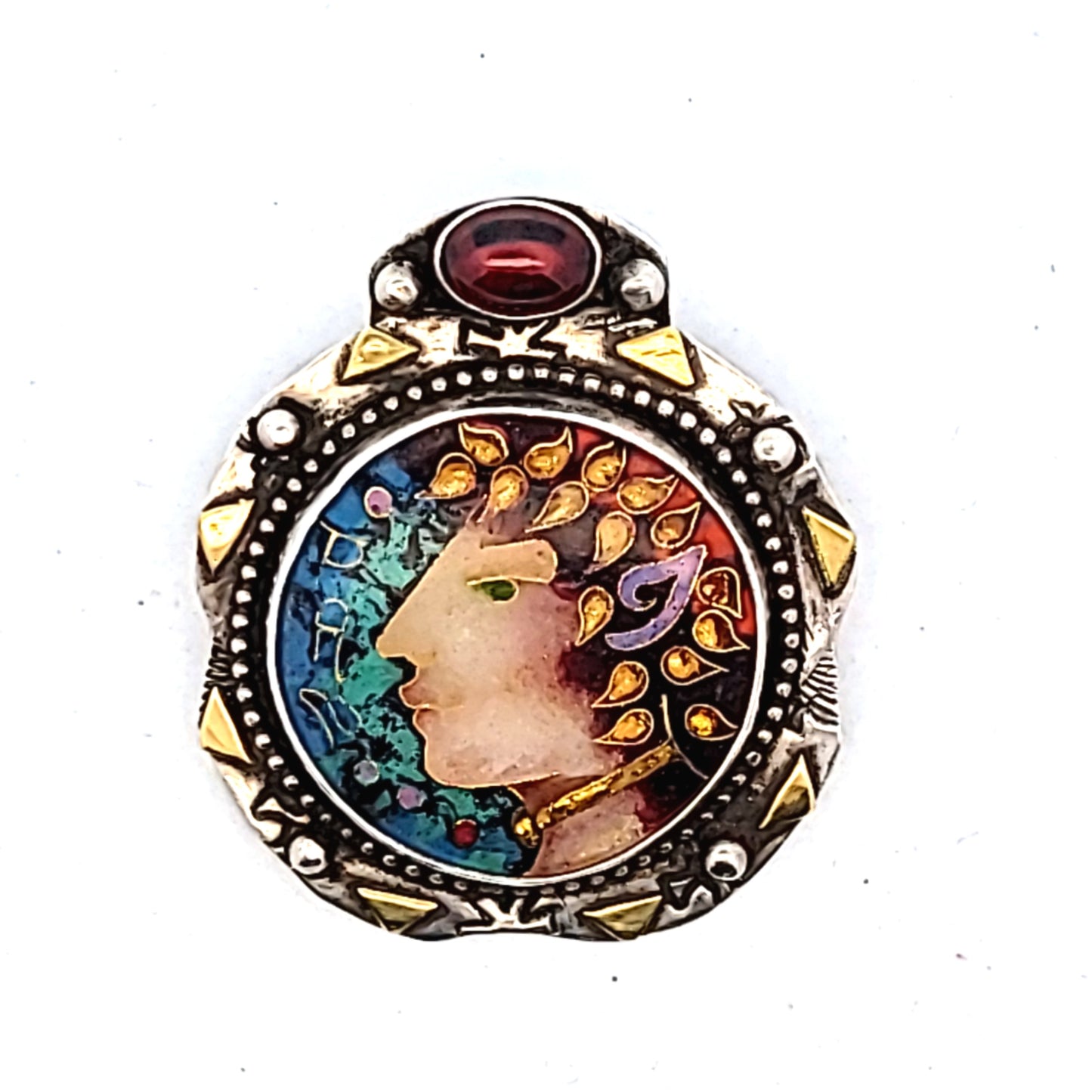 Linda Lundell Sterling & 18K Gold Garnet Cloisonne Enamel Pendant of Pan