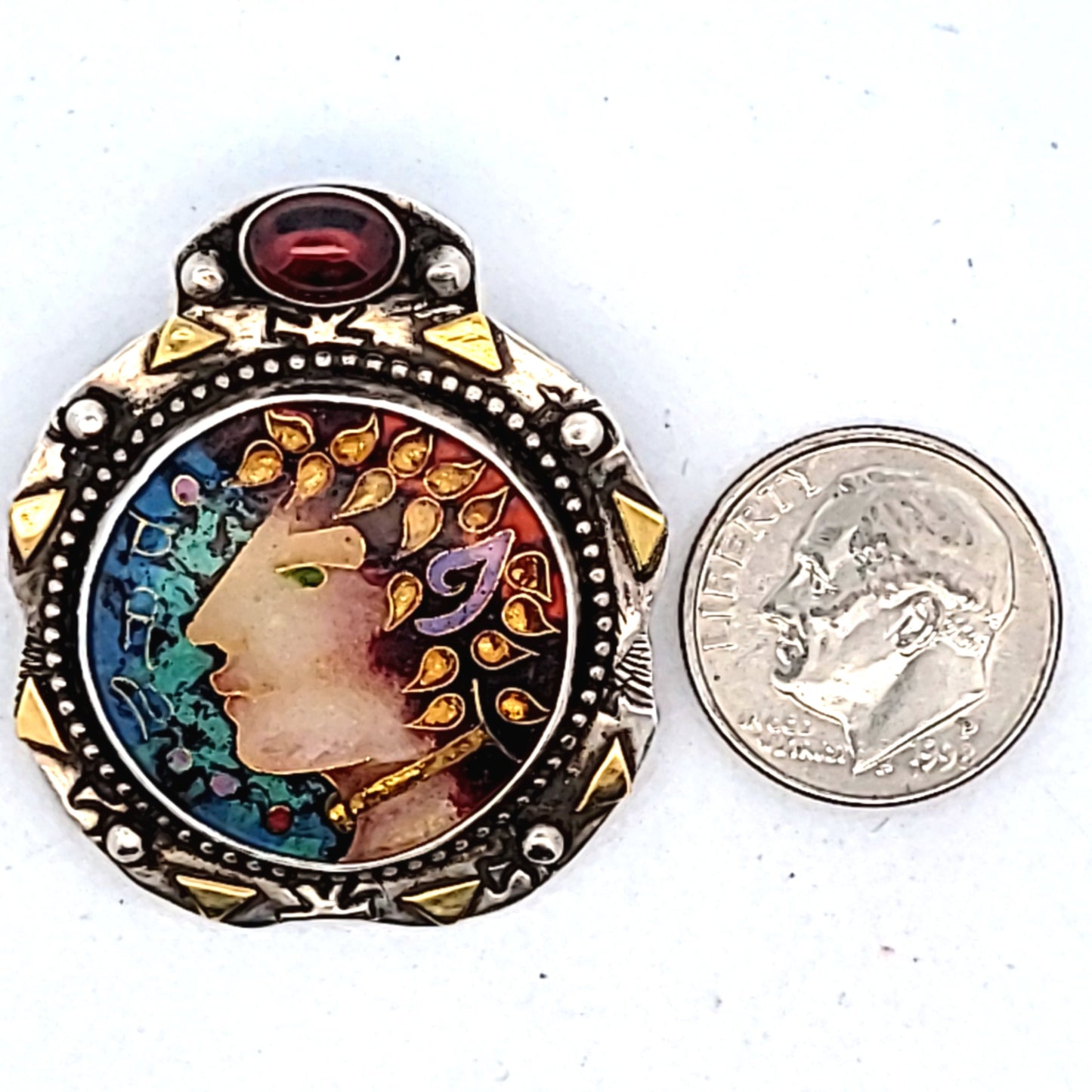 Linda Lundell Sterling & 18K Gold Garnet Cloisonne Enamel Pendant of Pan