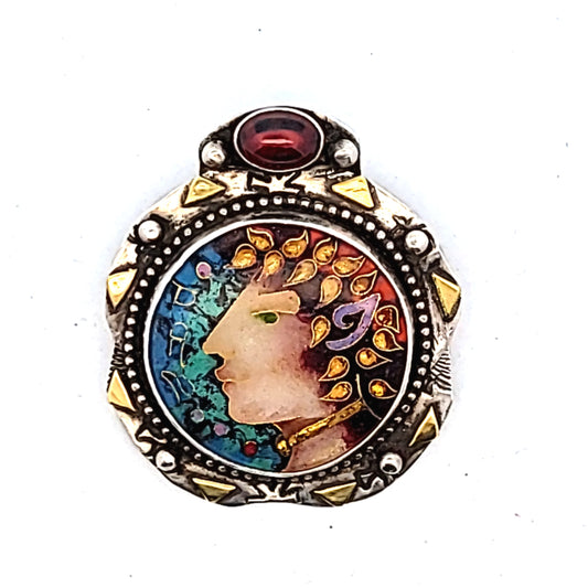 Linda Lundell Sterling & 18K Gold Garnet Cloisonne Enamel Pendant of Pan