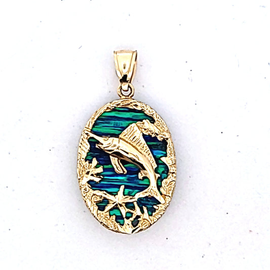 14K Yellow Gold Imitation Opal Marlin Pendant