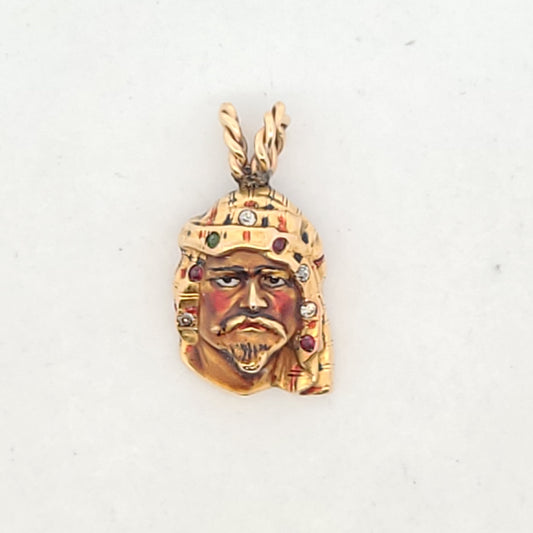 Antique 14K Yellow Gold Enamel Middle Eastern Man Diamond Gemstone Pendant