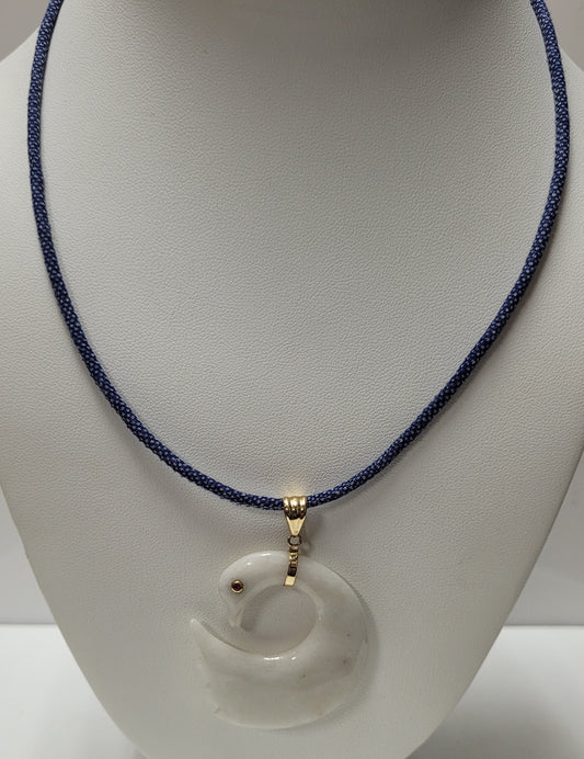 14K Yellow Gold White Jadeite & Ruby Swan Necklace