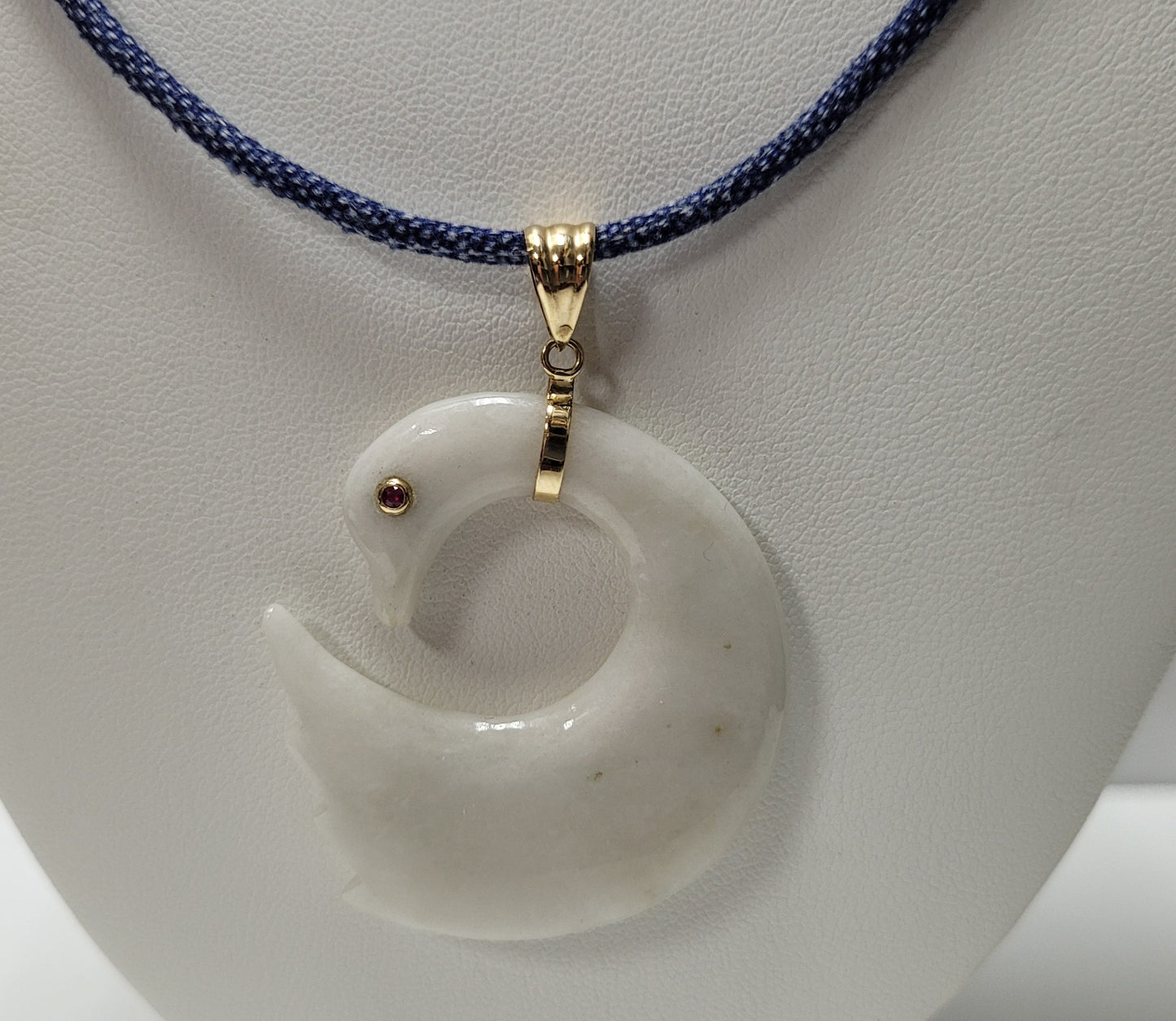14K Yellow Gold White Jadeite & Ruby Swan Necklace