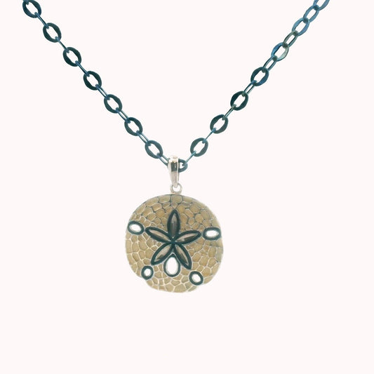14K Blue Gold Link Chain Sterling Silver Enamel Sand Dollar Pendant