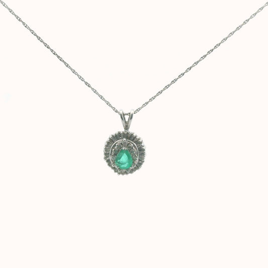 14K White Gold Diamond & Emerald Necklace