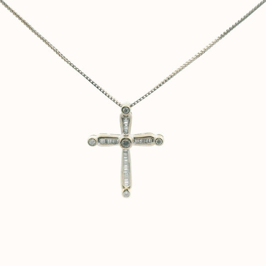 14K White Gold Diamond Cross Necklace