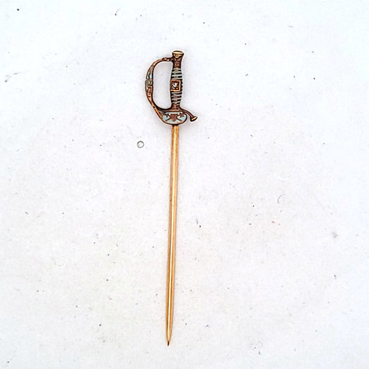 Antique 14k Yellow Gold Enamel Diamond Saber Sword Stick Pin