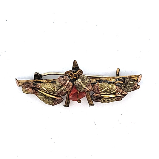 Antique Two Tone Gold Filled Coral Flower Vine Brooch