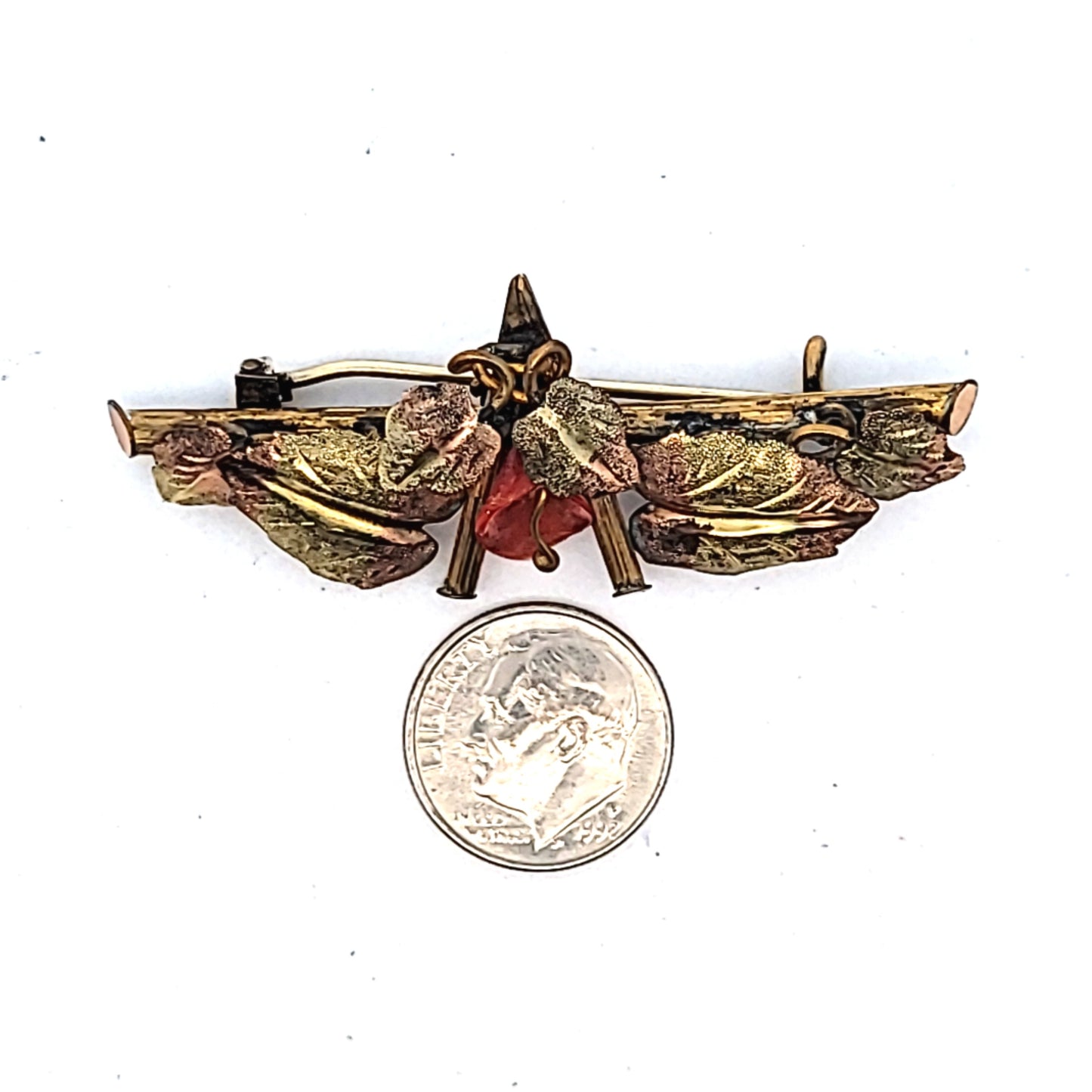 Antique Two Tone Gold Filled Coral Flower Vine Brooch