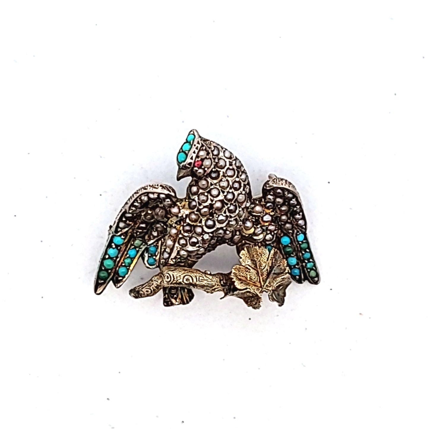 Antique Gold Filled Silver Turquoise & Pearl Bird Brooch