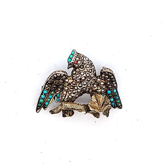 Antique Gold Filled Silver Turquoise & Pearl Bird Brooch