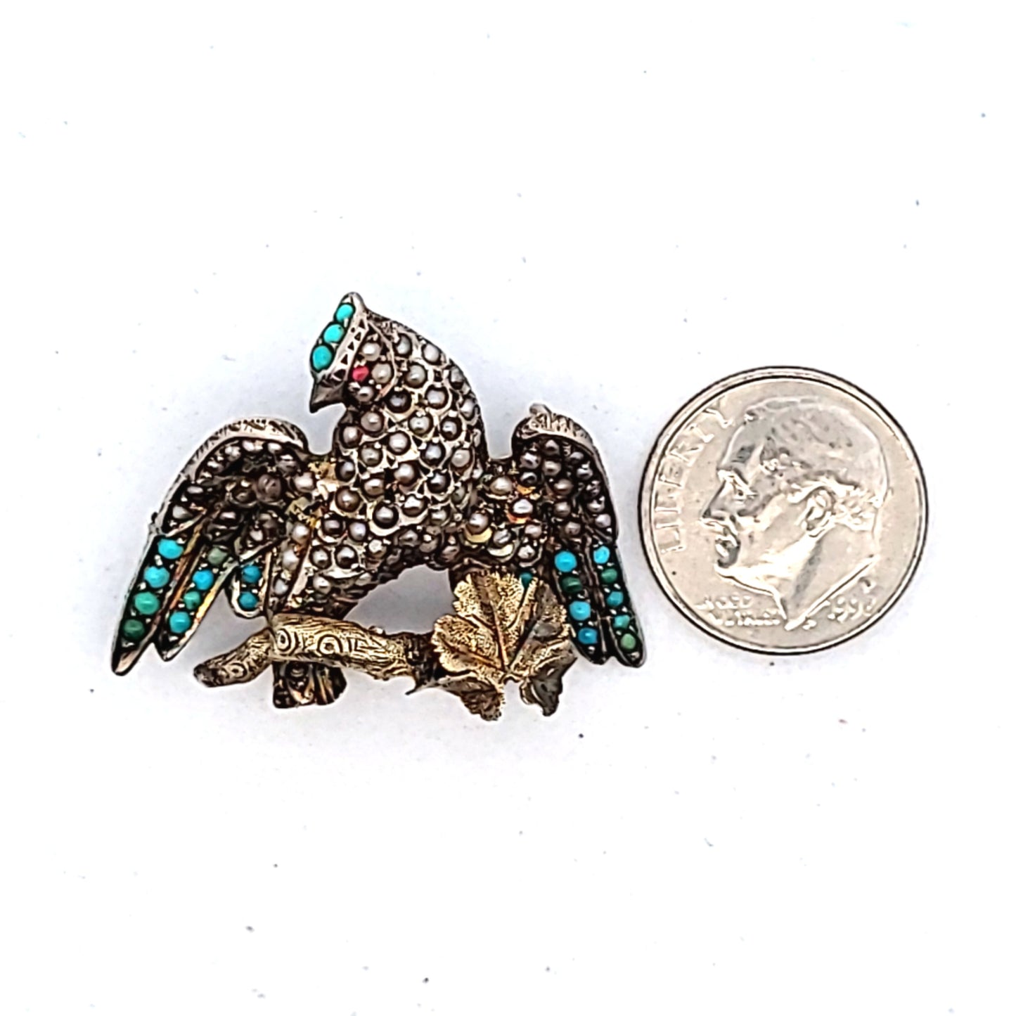 Antique Gold Filled Silver Turquoise & Pearl Bird Brooch