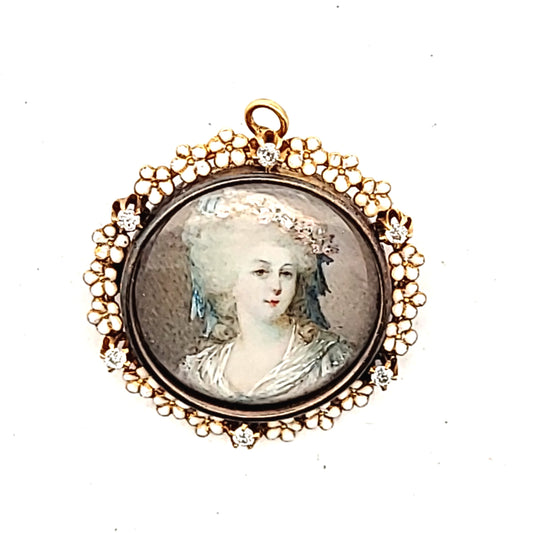Antique 14K Yellow Gold Diamond Enamel FLower Hand Painted Portrait Brooch