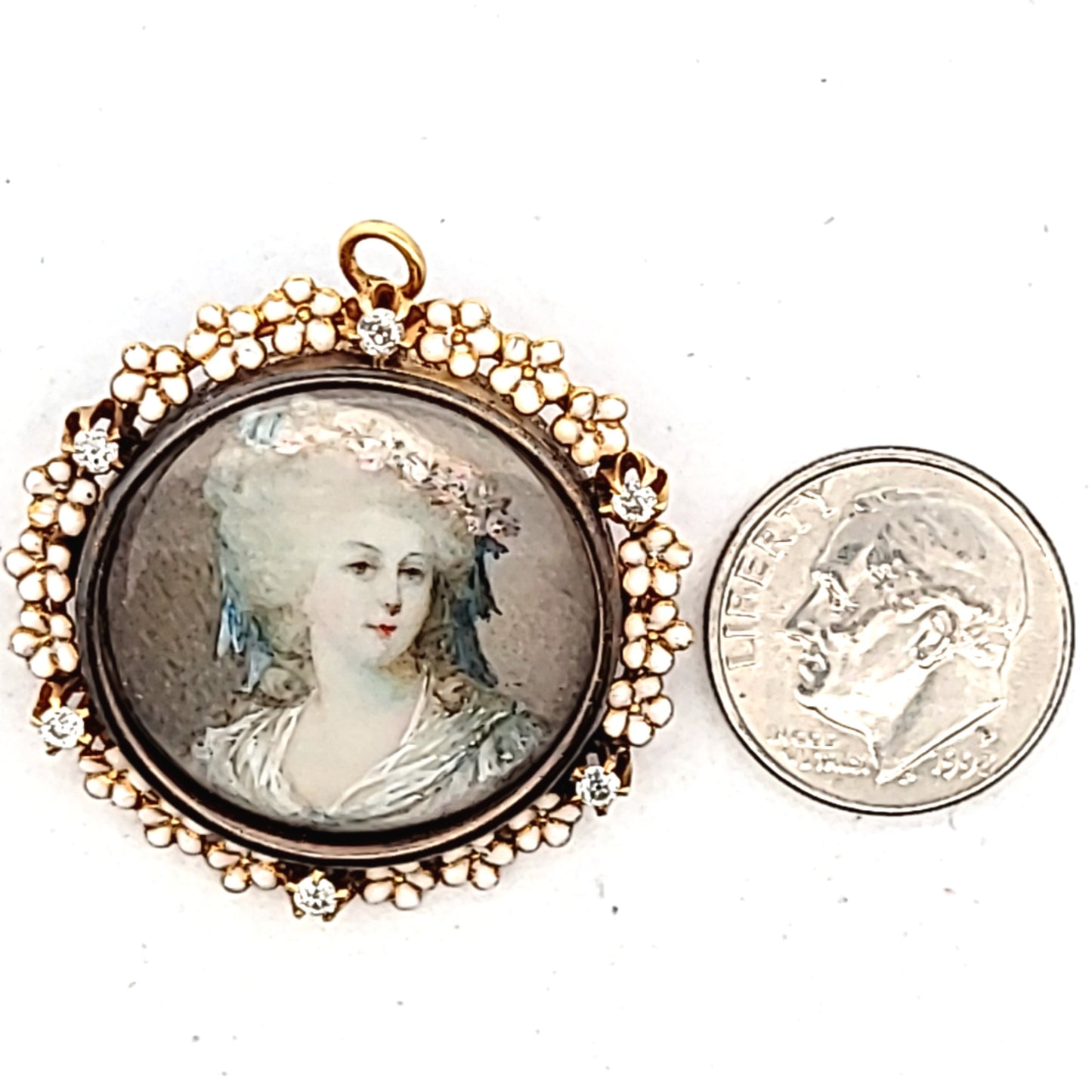 Antique 14K Yellow Gold Diamond Enamel FLower Hand Painted Portrait Brooch