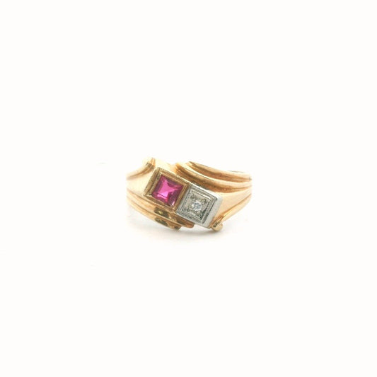 Retro 14K Yellow Gold Diamond & Lab Created Ruby Bypass Ring