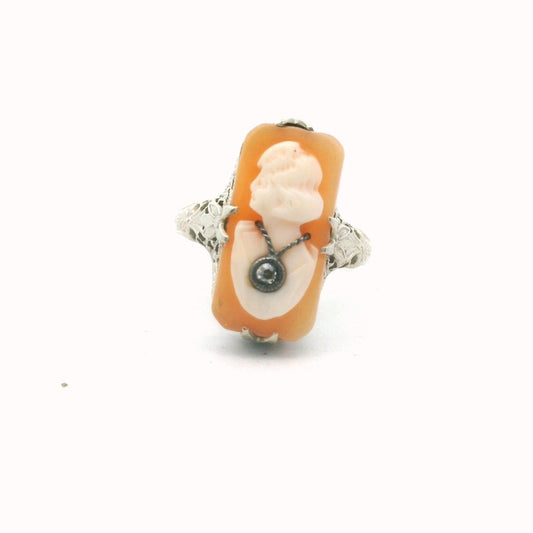 Antique Edwardian 14K White Gold Diamond Shell Cameo Ring