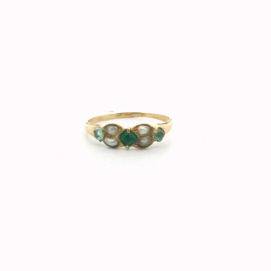 Antique 18K Yellow Gold Pearl & Green Glass Ring