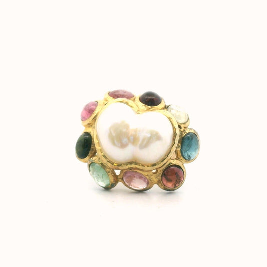 Sterling Silver Gold Plated Baroque Pearl Tourmaline & Quartz Ring