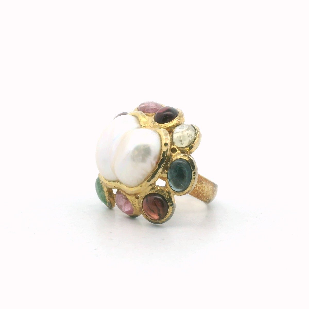 Sterling Silver Gold Plated Baroque Pearl Tourmaline & Quartz Ring