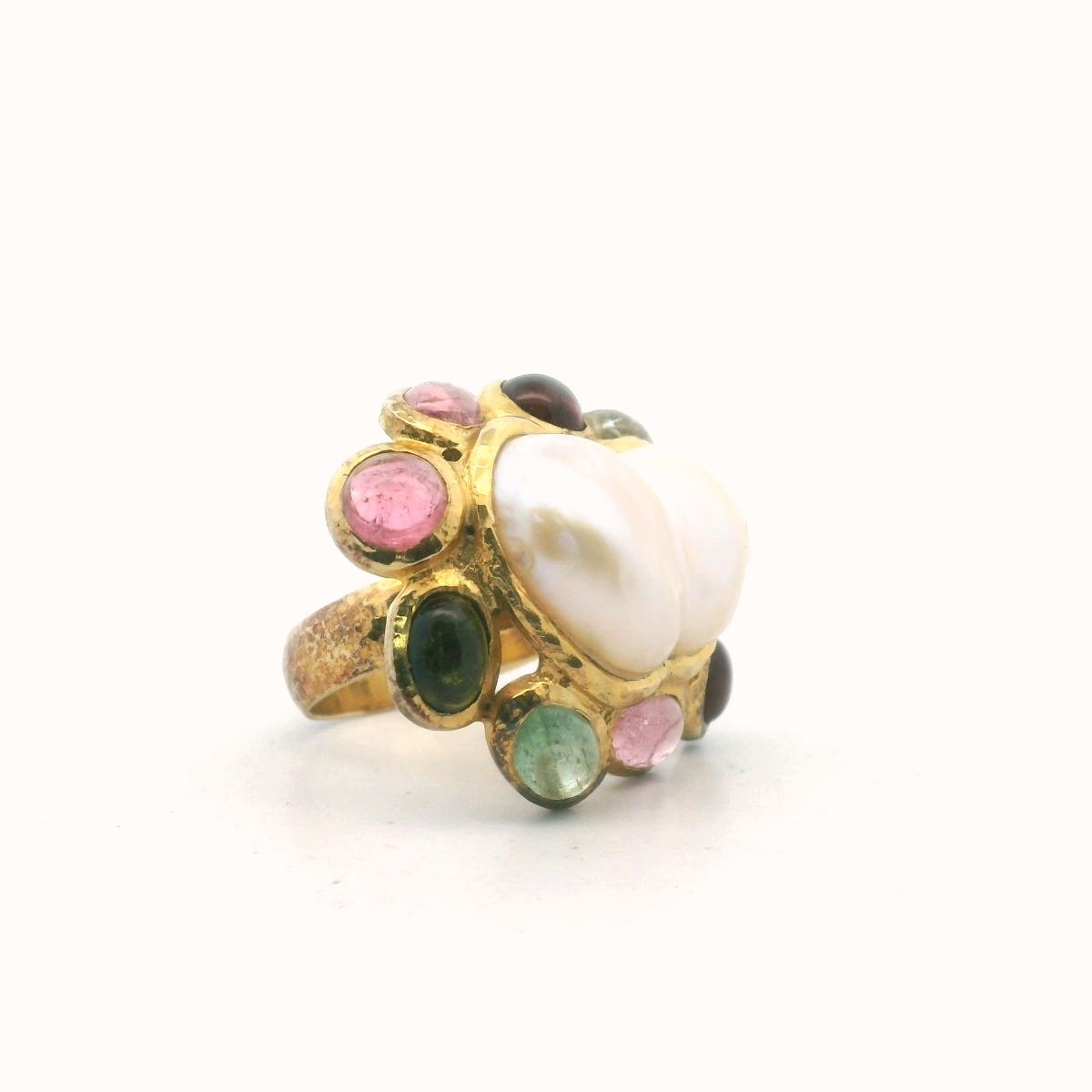 Sterling Silver Gold Plated Baroque Pearl Tourmaline & Quartz Ring