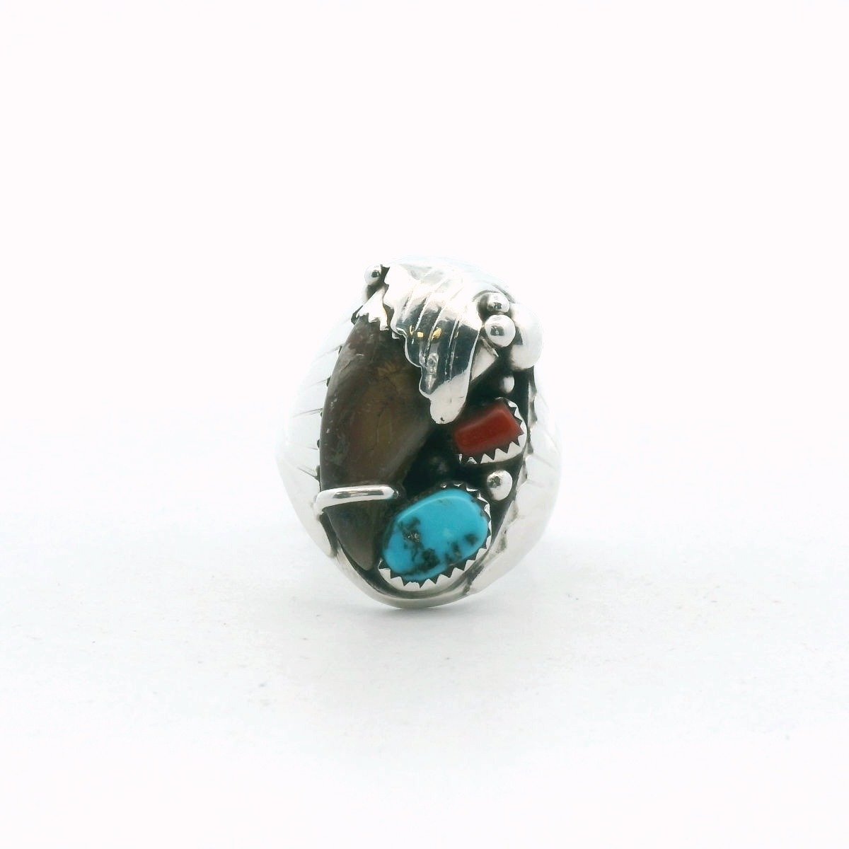 Elaine Sam Navajo Sterling Silver Turquoise & Coral Bear Claw Ring