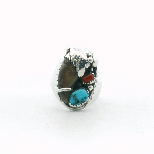 Elaine Sam Navajo Sterling Silver Turquoise & Coral Bear Claw Ring