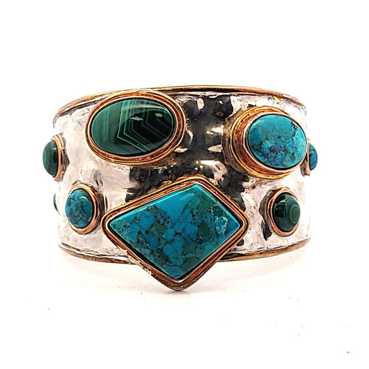 Sterling Diana Venezia Turquoise Malachite Bronze Copper Hammered Cuff