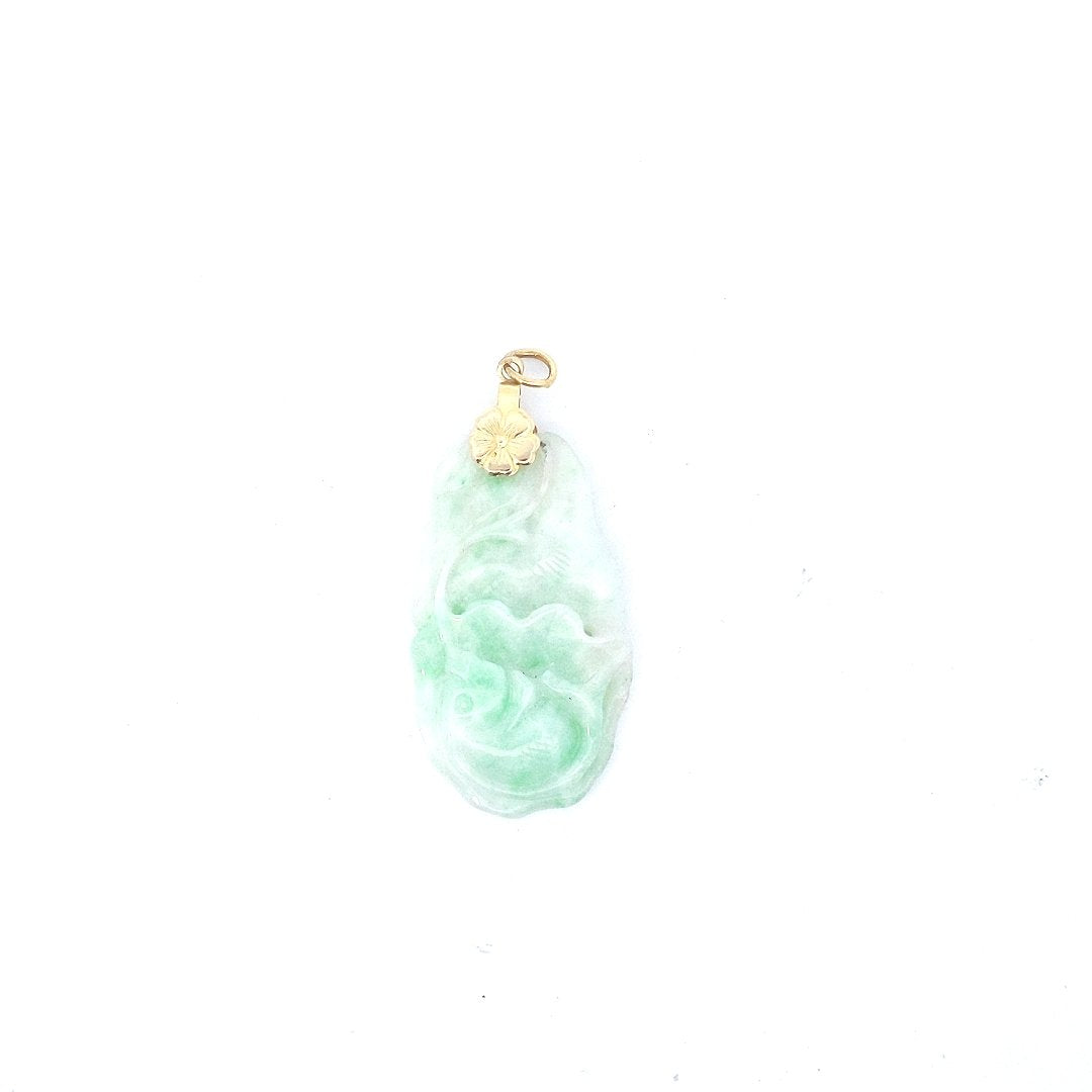 Vintage $50 Carved Jadite Fish Splash Lotus Leaf Flower Pendant