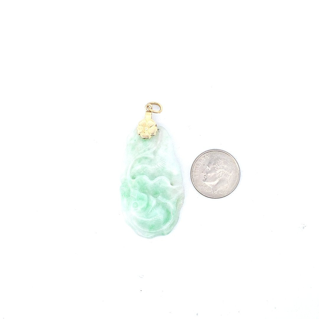 Vintage $50 Carved Jadite Fish Splash Lotus Leaf Flower Pendant