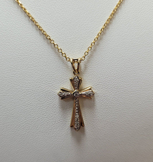 Estate $600 14K Two Tone Gold Diamond Cross Necklace