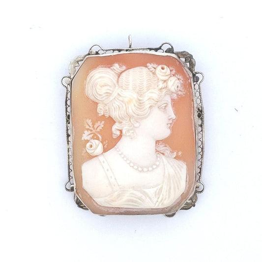 Estate $600 10K White Gold Rectangular Cut Shell Cameo Filigree Frame Pendant