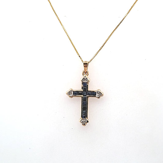 14K Yellow Gold Diamond Sapphire French Cross Necklace