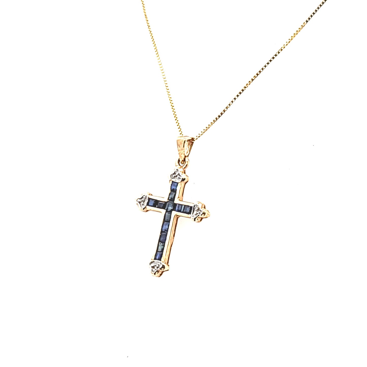 14K Yellow Gold Diamond Sapphire French Cross Necklace
