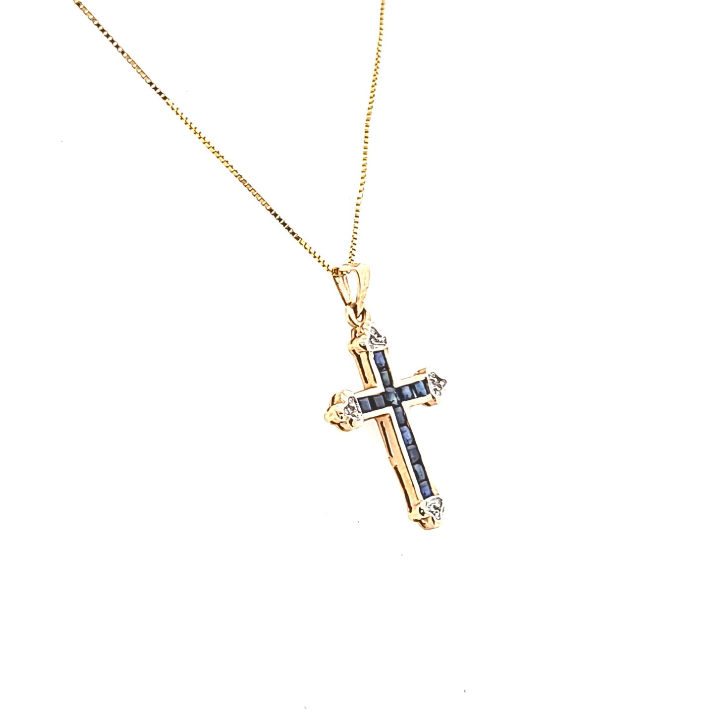 14K Yellow Gold Diamond Sapphire French Cross Necklace