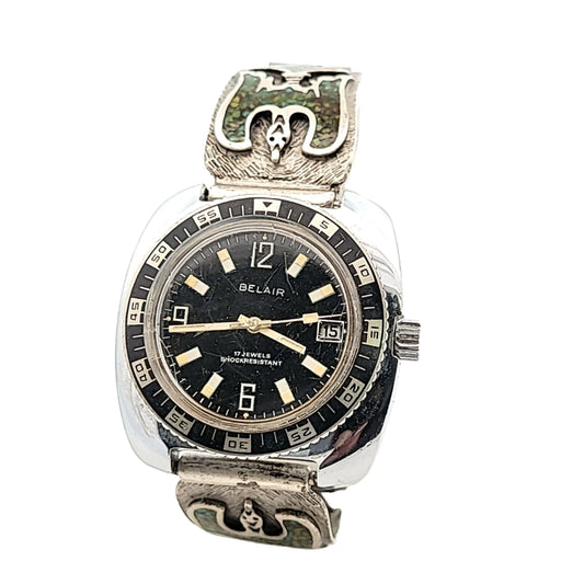 Midwest Chrome and Stainless Steel Belair Turquoise Thunderbird Manual Wind Watch