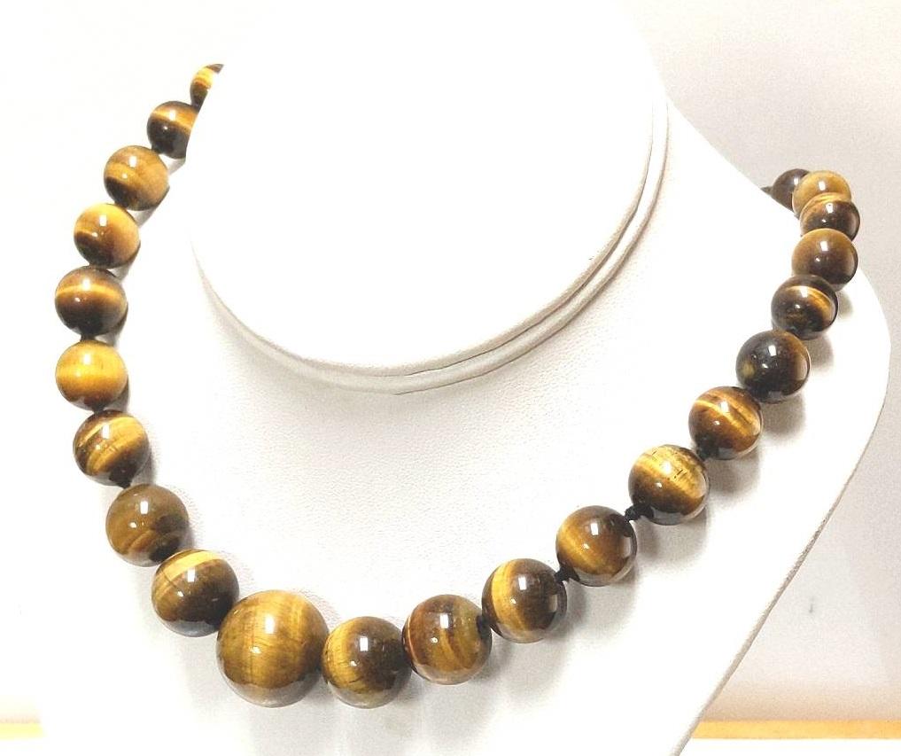 14K Yellow Gold Graduated Natural Tiger Eye Necklace