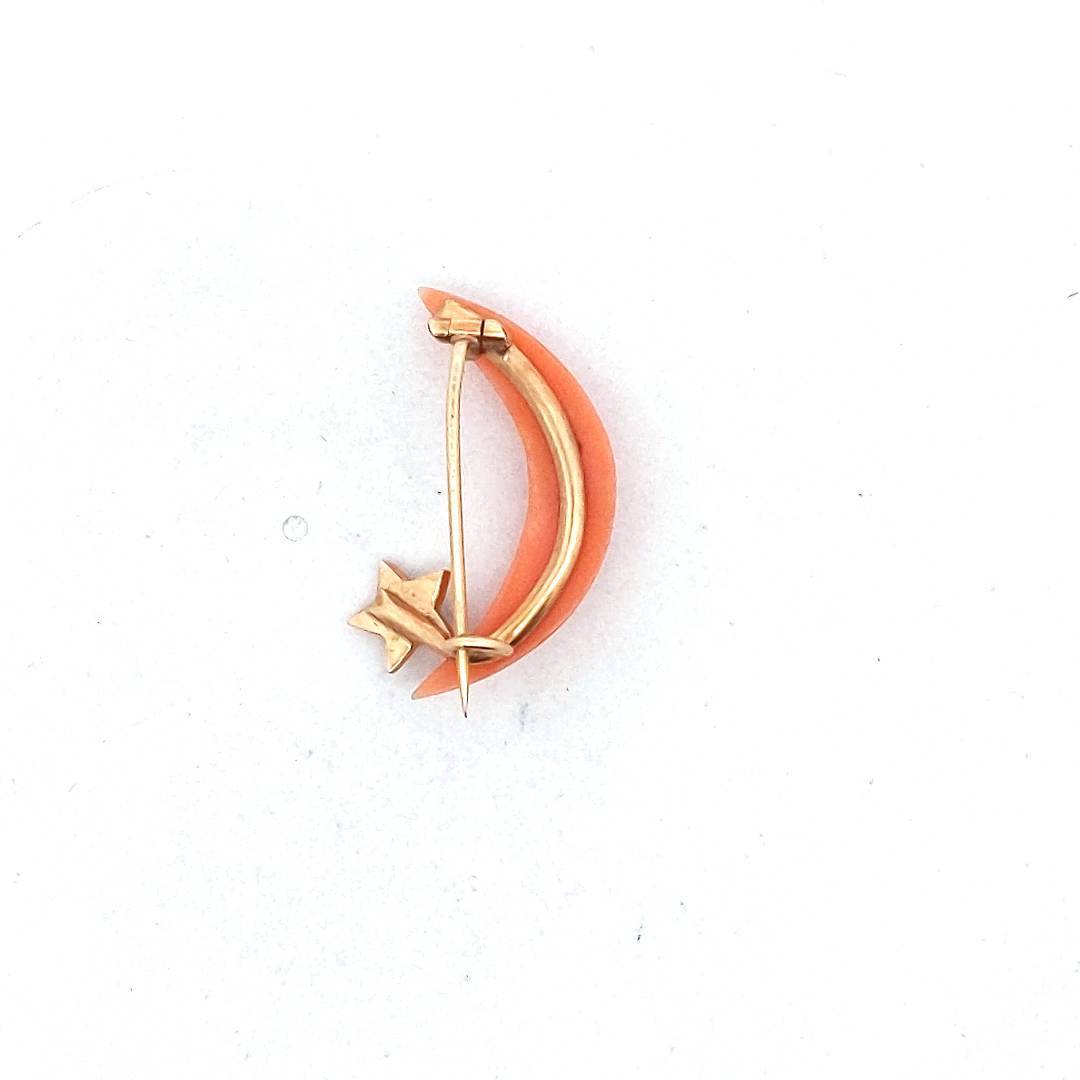 14K Yellow Gold Salmon Coral Crescent Moon & Seed Pearl Star Brooch