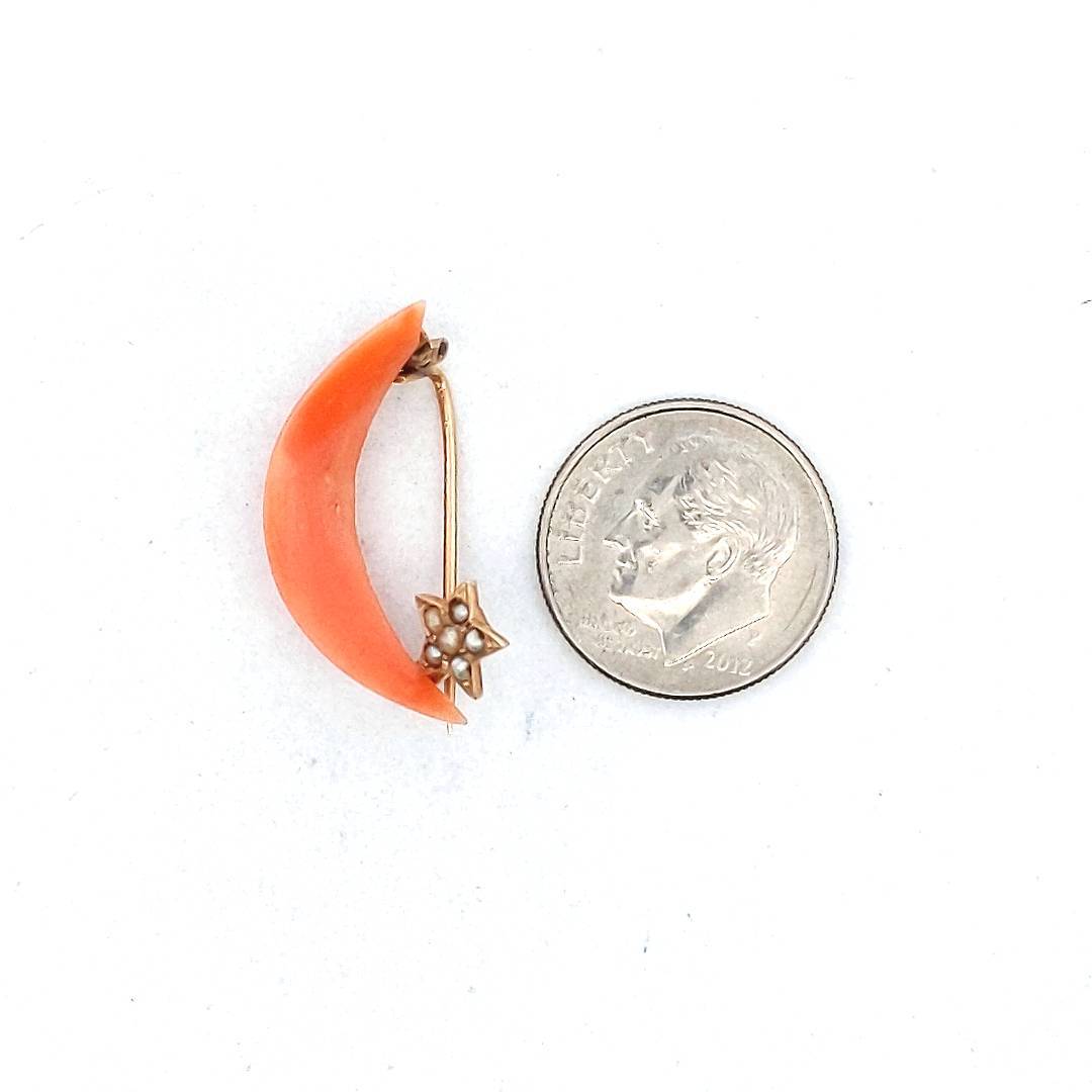 14K Yellow Gold Salmon Coral Crescent Moon & Seed Pearl Star Brooch