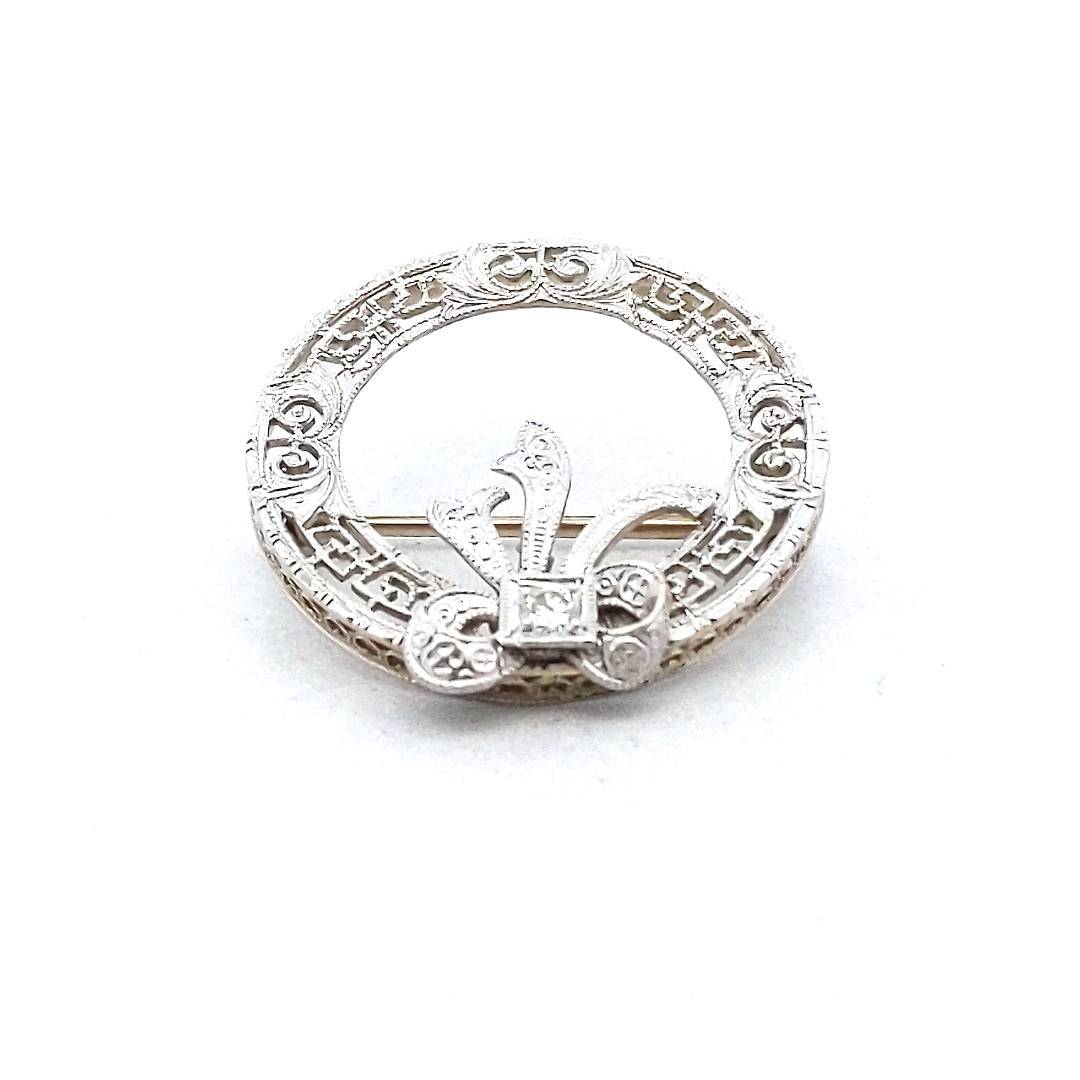 Edwardian 14K White Gold & Platinum Diamond Circle Bow Brooch