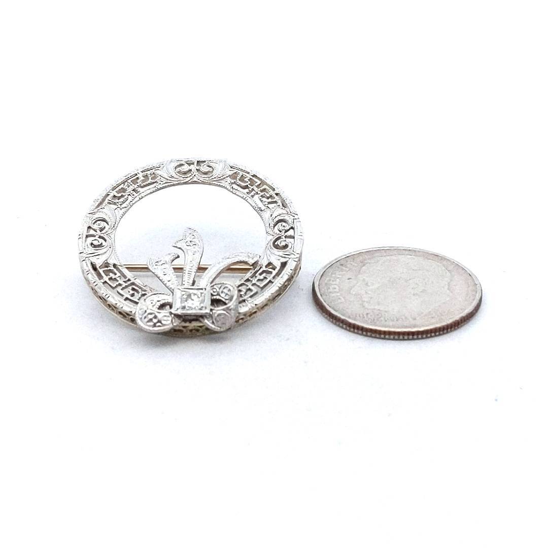 Edwardian 14K White Gold & Platinum Diamond Circle Bow Brooch