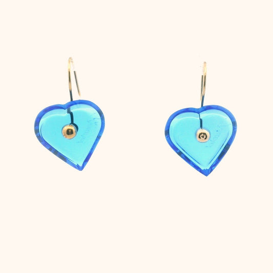 Baccarat 18K Yellow Gold Blue Crystal Heart French Wire Earrings