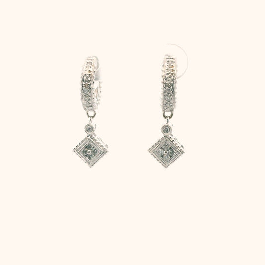 14K White Gold Diamond Huggie Hoop Drop Earrings